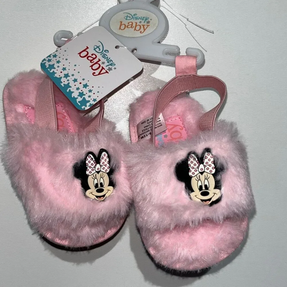 Disney Baby Pink Faux-Fur Back‎ Strap Minnie Mouse Slippers Size 9-12 Months NWT